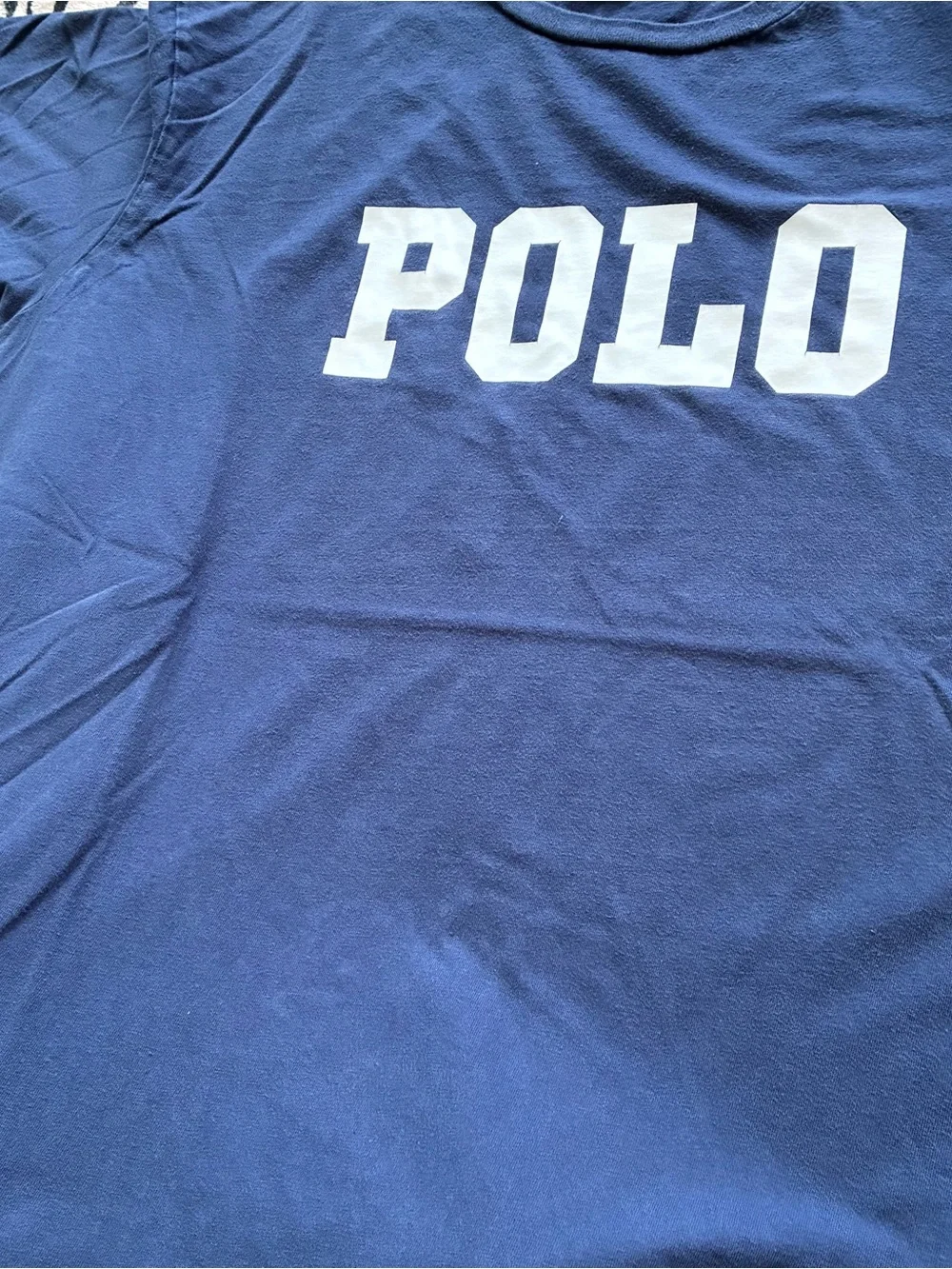 009 - VINTAGE 90s POLO RALPH LAUREN NAVY BLUE SPELL OUT T SHIRT